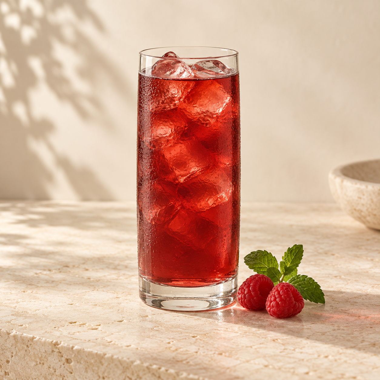 Iced berry drink with raspberries and mint