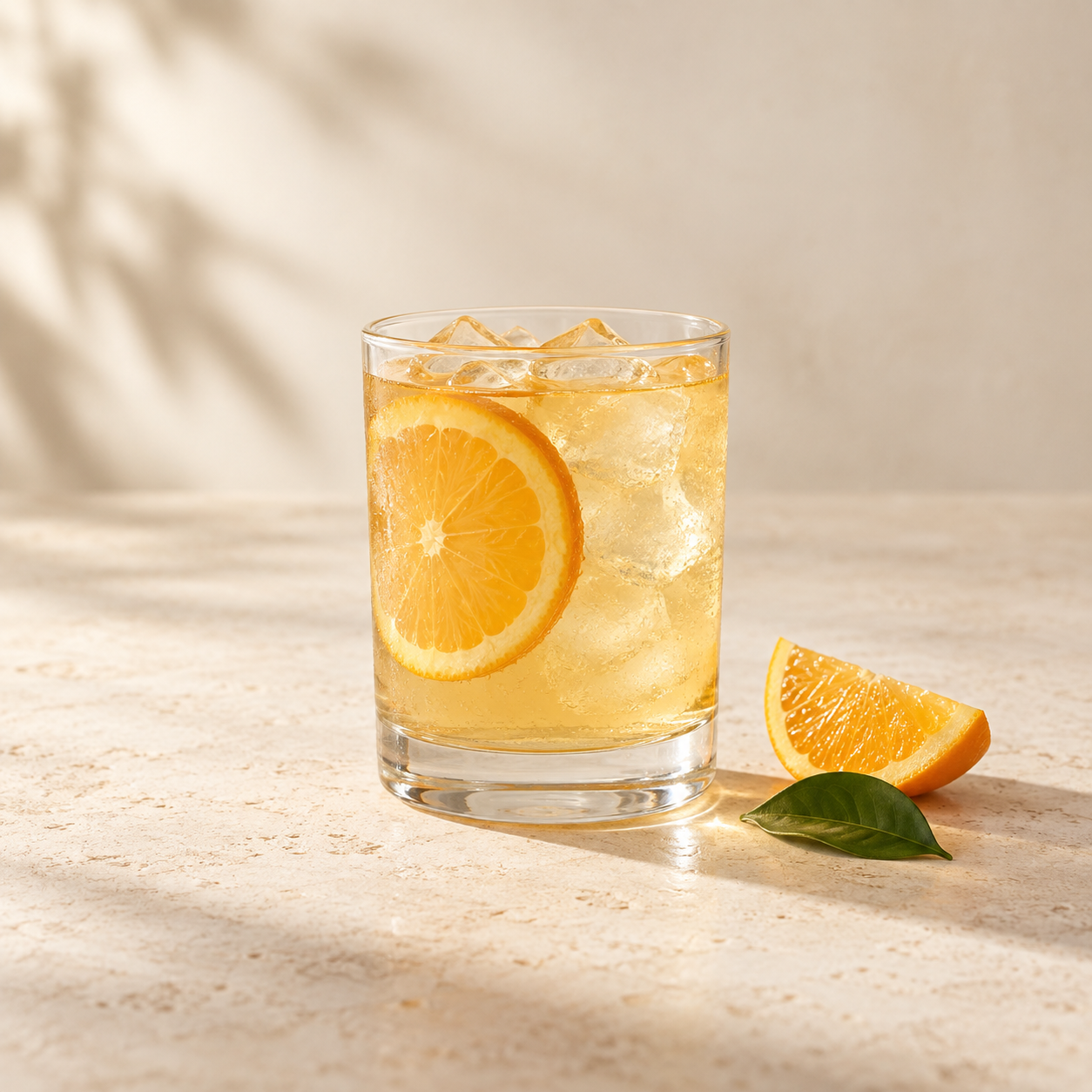 Citrus iced drink on a warm neutral background
